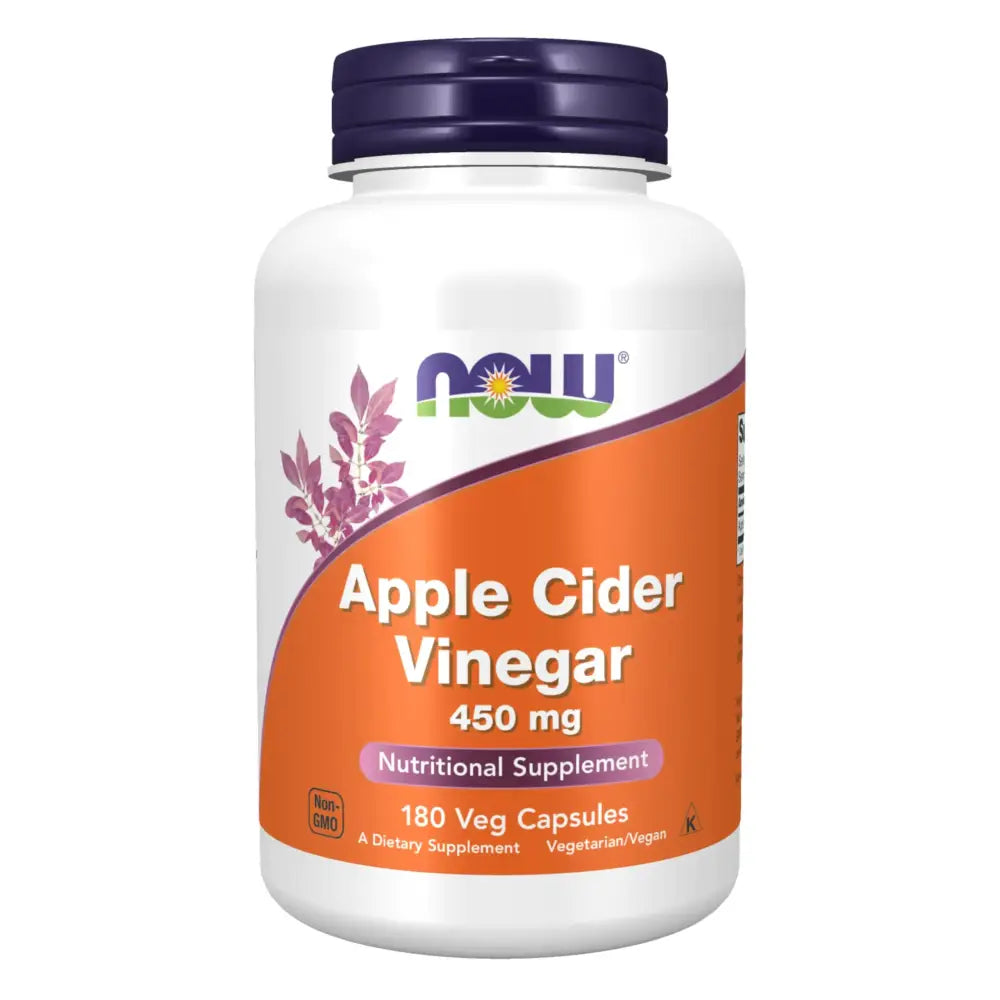 White plastic bottle with a purple cap and an orange label featuring the now brand logo, displaying ’apple cider vinegar 450 mg’ and indicating it contains 180 veg capsules.