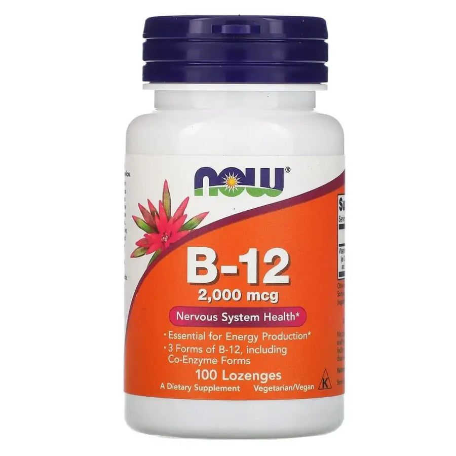 White plastic bottle with a purple cap and an orange label featuring the now brand logo, b-12 2000 mcg supplement information, and a pink flower graphic.