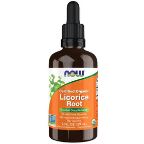 A dark brown glass bottle with a black dropper cap and an orange label featuring the now brand name, labeled as ’certified organic licorice root herbal supplement.’