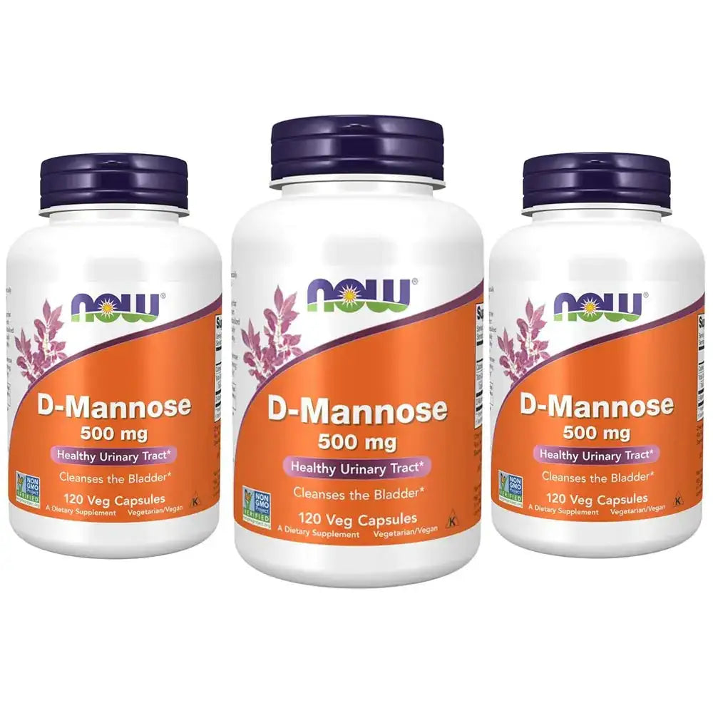 Three white plastic bottles with orange labels and purple caps, each labeled ’now d-mannose 500 mg’ for a healthy urinary tract.