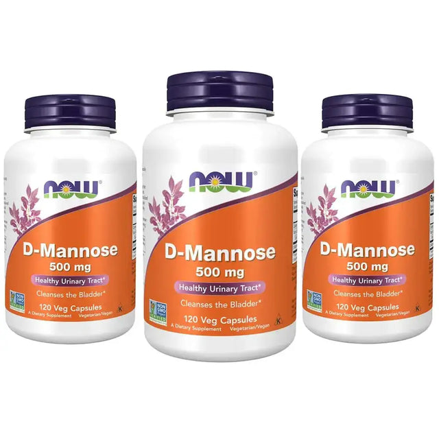 Three white plastic bottles with orange labels and purple caps, each labeled ’now d-mannose 500 mg’ for a healthy urinary tract.