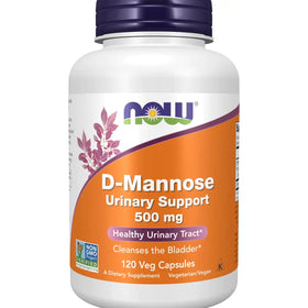 White plastic bottle with a purple cap and an orange label featuring the now brand logo, displaying ’d-mannose urinary support 500 mg’ for healthy urinary tract support.