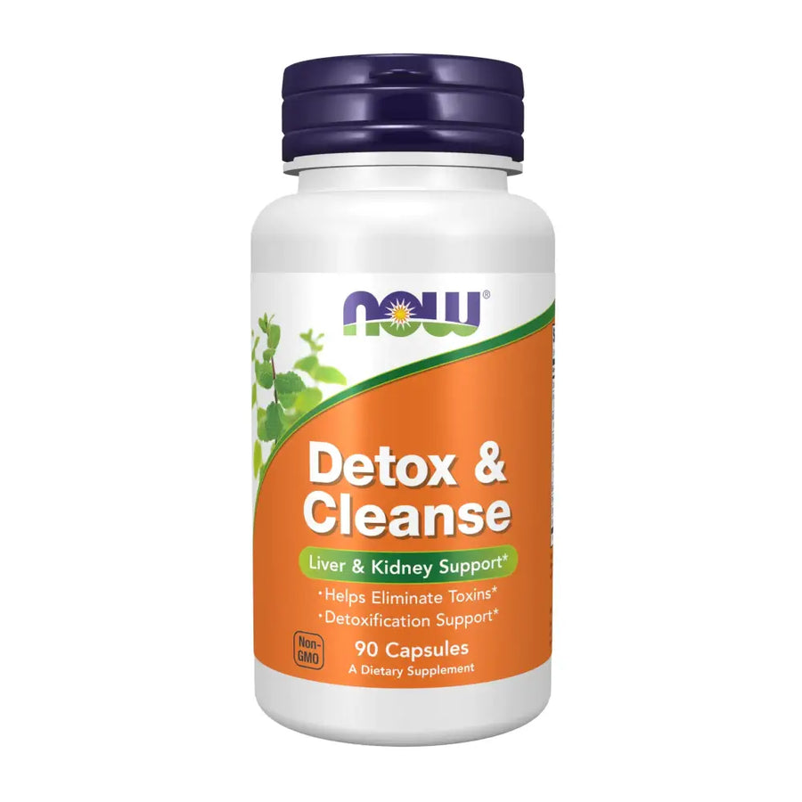 White plastic bottle with a purple cap and an orange label featuring the ’now’ brand name, labeled as ’detox & cleanse,’ containing 90 capsules for liver and kidney support.