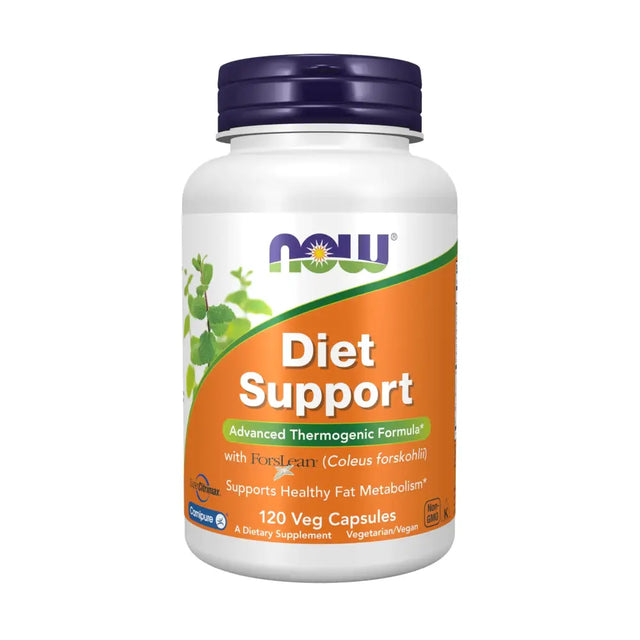 White plastic bottle with a purple cap and an orange label featuring the now brand logo, displaying ’diet support’ dietary supplement containing 120 veg capsules.