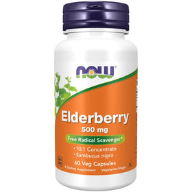 White plastic bottle with a purple cap and an orange label featuring the ’now’ brand name, labeled as elderberry 500 mg dietary supplement containing 60 veg capsules.