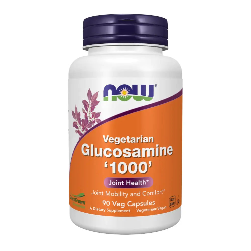 White plastic bottle with a purple cap and an orange label featuring the now brand logo, displaying ’vegetarian glucosamine ’1000’’ for joint health.