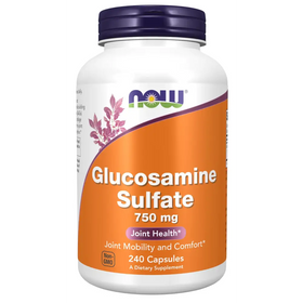 White plastic bottle with a purple cap and an orange label featuring the now brand name, displaying ’glucosamine sulfate 750 mg’ for joint health.
