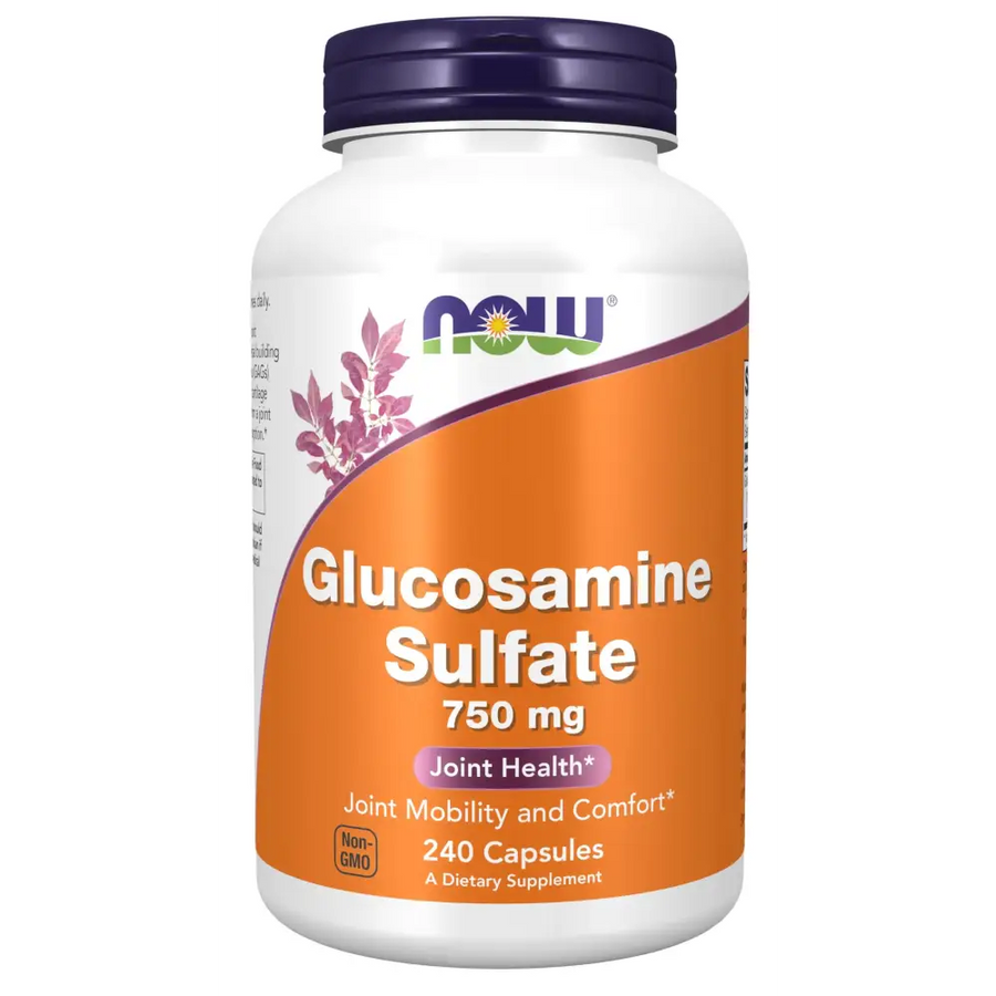 White plastic bottle with a purple cap and an orange label featuring the now brand name, displaying ’glucosamine sulfate 750 mg’ for joint health.