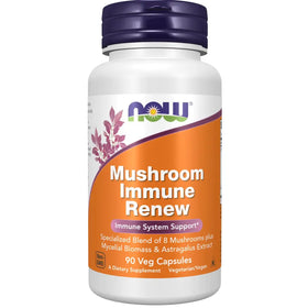 White plastic bottle with a purple cap and an orange label featuring the ’now’ brand name, displaying ’mushroom immune renew’ as its product title.