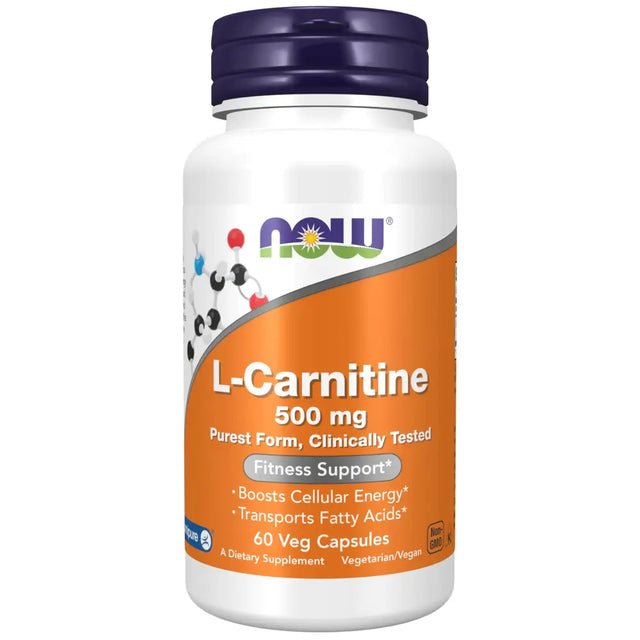 A white plastic bottle with a purple cap and an orange label featuring the now brand logo, labeled ’l-carnitine 500 mg’ for fitness support.
