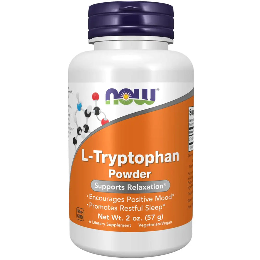 White plastic bottle with a purple cap and an orange label featuring the now brand logo, labeled ’l-tryptophan powder.’