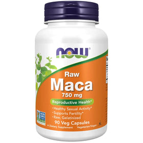 White plastic bottle with a purple cap and an orange label featuring the ’now’ brand name, displaying raw maca 750 mg dietary supplement in 90 veg capsules.