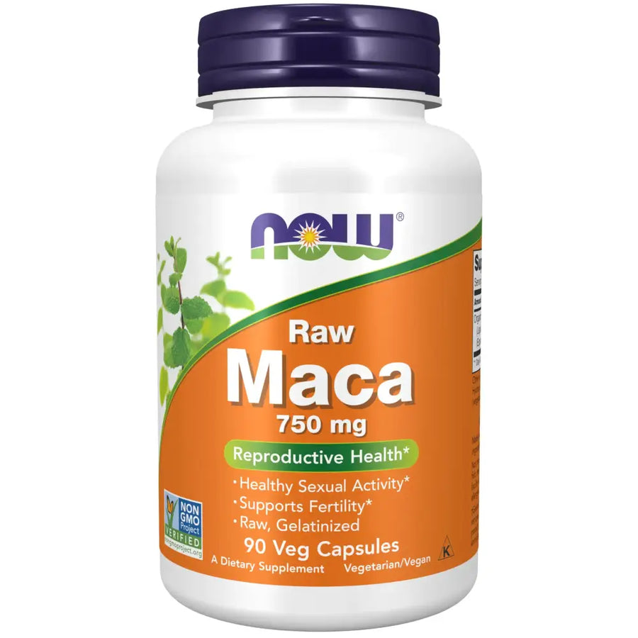 White plastic bottle with a purple cap and an orange label featuring the ’now’ brand name, displaying raw maca 750 mg dietary supplement in 90 veg capsules.