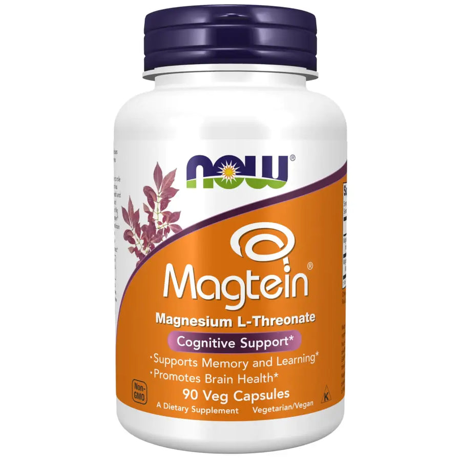 White plastic bottle with a purple cap and an orange label featuring the ’now’ brand name, displaying magtein magnesium l-threonate dietary supplement capsules.