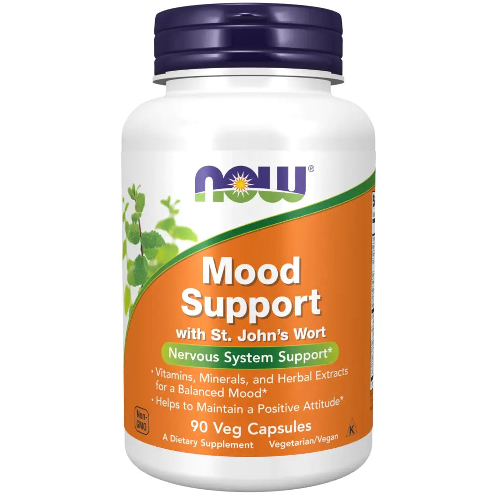 White plastic bottle with a purple cap and an orange label featuring the ’now’ brand logo, labeled as ’mood support with st.