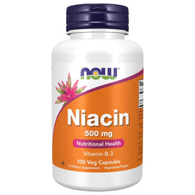 White plastic bottle with a purple cap and an orange label featuring the ’now’ brand name, displaying 500 mg niacin (vitamin b-3) in 100 vegetarian capsules.