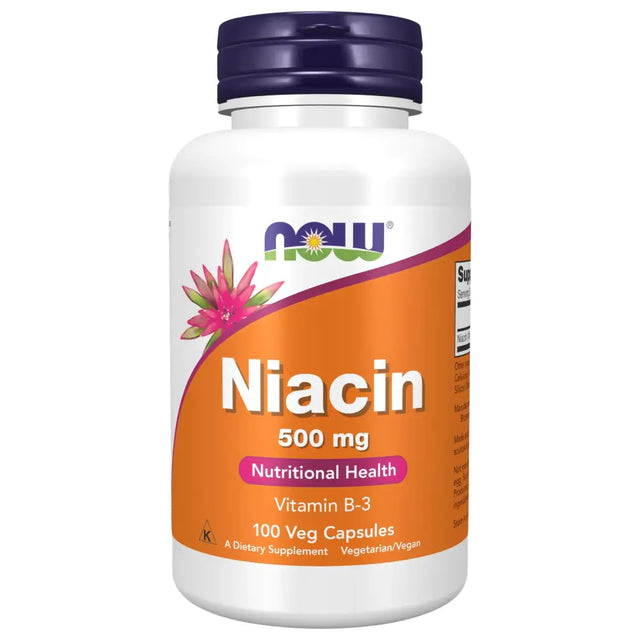 White plastic bottle with a purple cap and an orange label featuring the ’now’ brand name, displaying 500 mg niacin (vitamin b-3) in 100 vegetarian capsules.