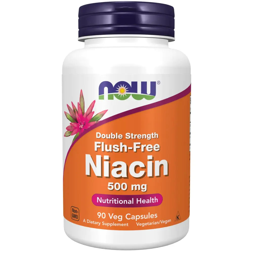 White plastic bottle with a purple cap and an orange label featuring the now brand logo, pink flower illustration, and text indicating ’double strength flush-free niacin 500 mg’ for nutritional health.