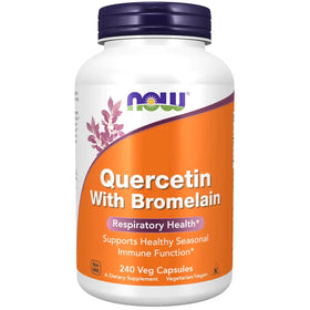 A white plastic bottle with a purple cap and an orange label featuring the now brand logo, labeled ’quercetin with bromelain’ for respiratory health support.