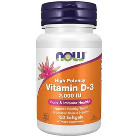 White plastic bottle with a purple cap and orange label, featuring the now brand logo and text indicating it contains 120 high potency vitamin d-3 softgels.