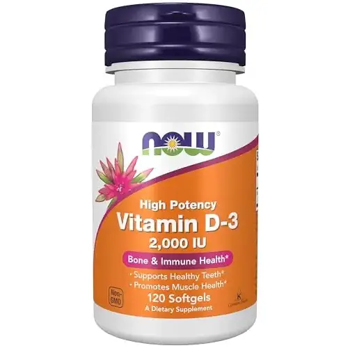 White plastic bottle with a purple cap and orange label, featuring the now brand logo and text indicating it contains 120 high potency vitamin d-3 softgels.