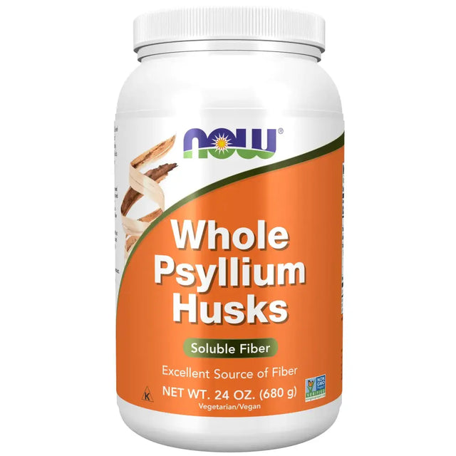 White plastic container with orange label featuring the now brand logo and text identifying it as ’whole psyllium husks’ soluble fiber supplement.
