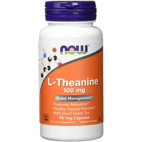 White plastic bottle with a purple cap and an orange label featuring the now brand name, displaying l-theanine 100 mg dietary supplement capsules.