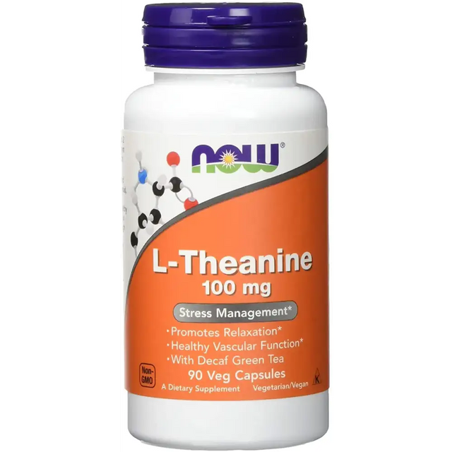 White plastic bottle with a purple cap and an orange label featuring the now brand name, displaying l-theanine 100 mg dietary supplement capsules.
