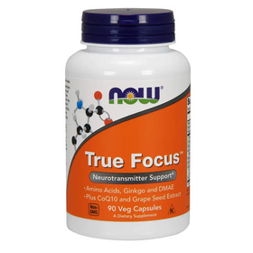 White plastic bottle with a dark blue cap and an orange label featuring the ’now’ brand logo, labeled as “true focus” dietary supplement containing 90 veg capsules.