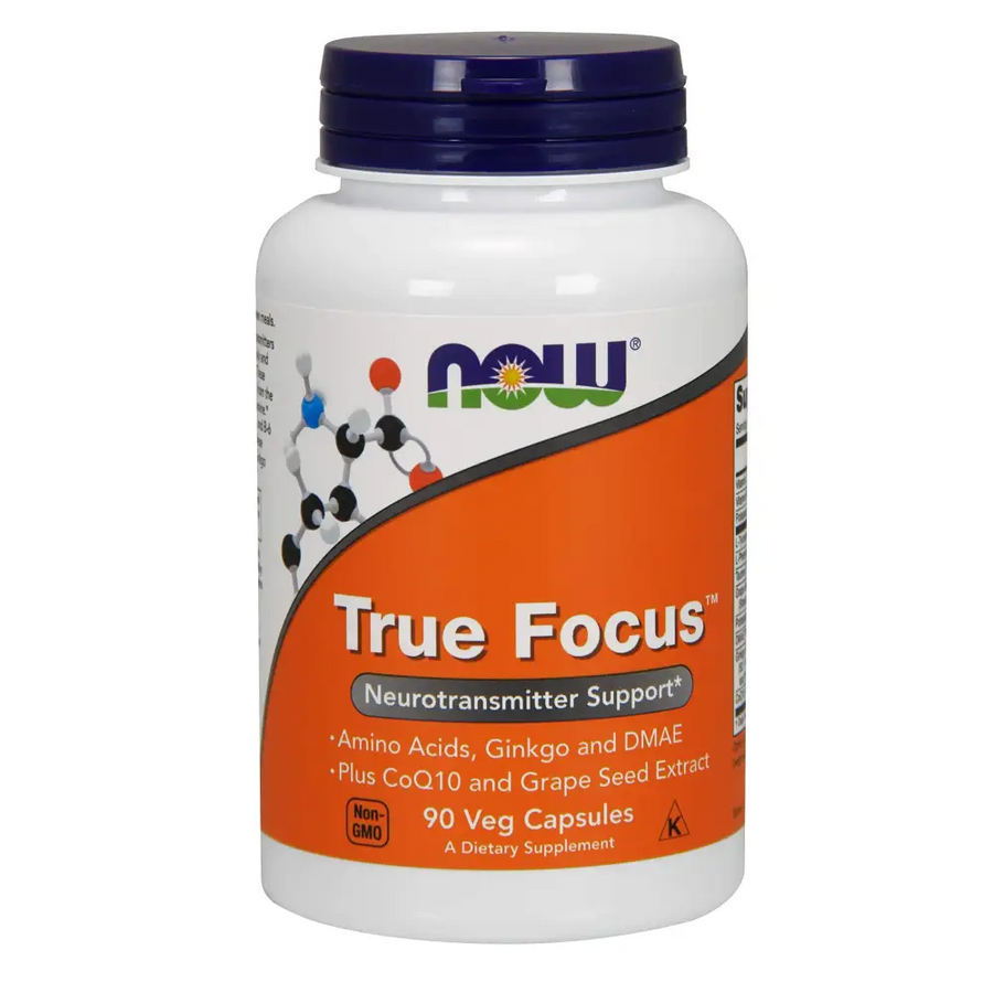 White plastic bottle with a dark blue cap and an orange label featuring the ’now’ brand logo, labeled as “true focus” dietary supplement containing 90 veg capsules.