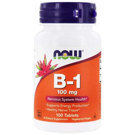 White plastic bottle with a purple cap and an orange label featuring the ’now’ brand logo, b-1 100 mg supplement for nervous system health.