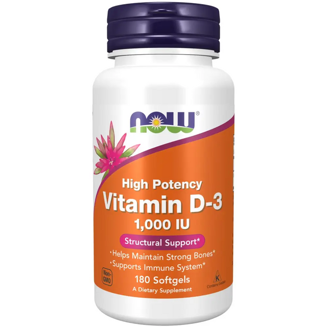 White plastic bottle with a purple cap and an orange label featuring the now brand logo, pink flower design, and text indicating ’high potency vitamin d-3 1,000 iu’ for structural support.