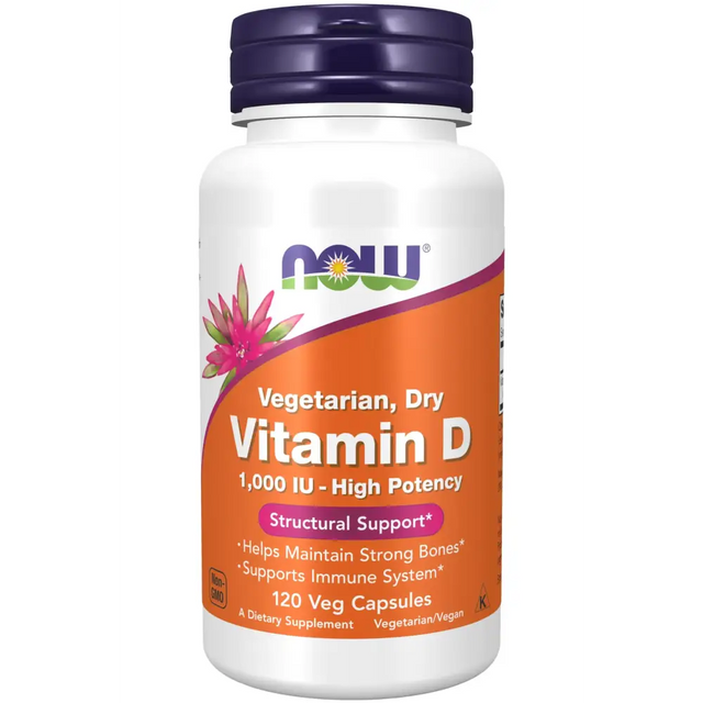 White plastic bottle with a purple cap and an orange label featuring the ’now’ brand logo, displaying vegetarian dry vitamin d 1000 iu in 120 veg capsules.