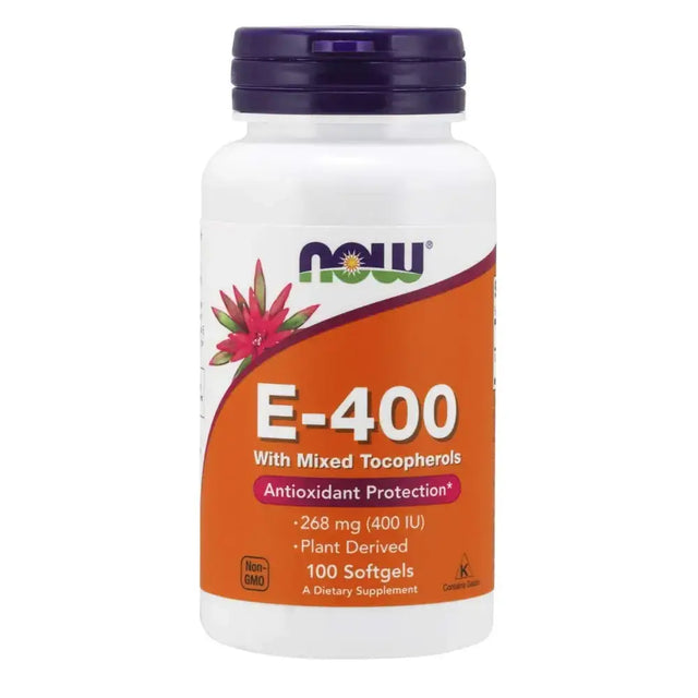 White plastic bottle with a purple cap and an orange label featuring the now brand logo, displaying ’e-400 with mixed tocopherols’ for antioxidant protection.