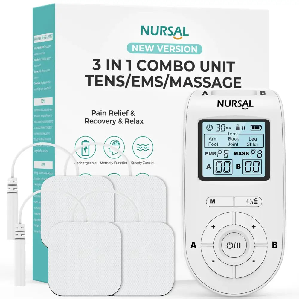White nursal 3-in-1 tens/ems/massage therapy unit with digital display and four white adhesive pads.
