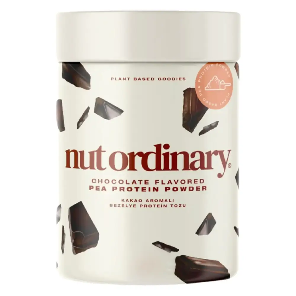 Cream-colored cylindrical container of nut ordinary chocolate flavored pea protein powder with dark brown chocolate shard graphics and a matching lid.