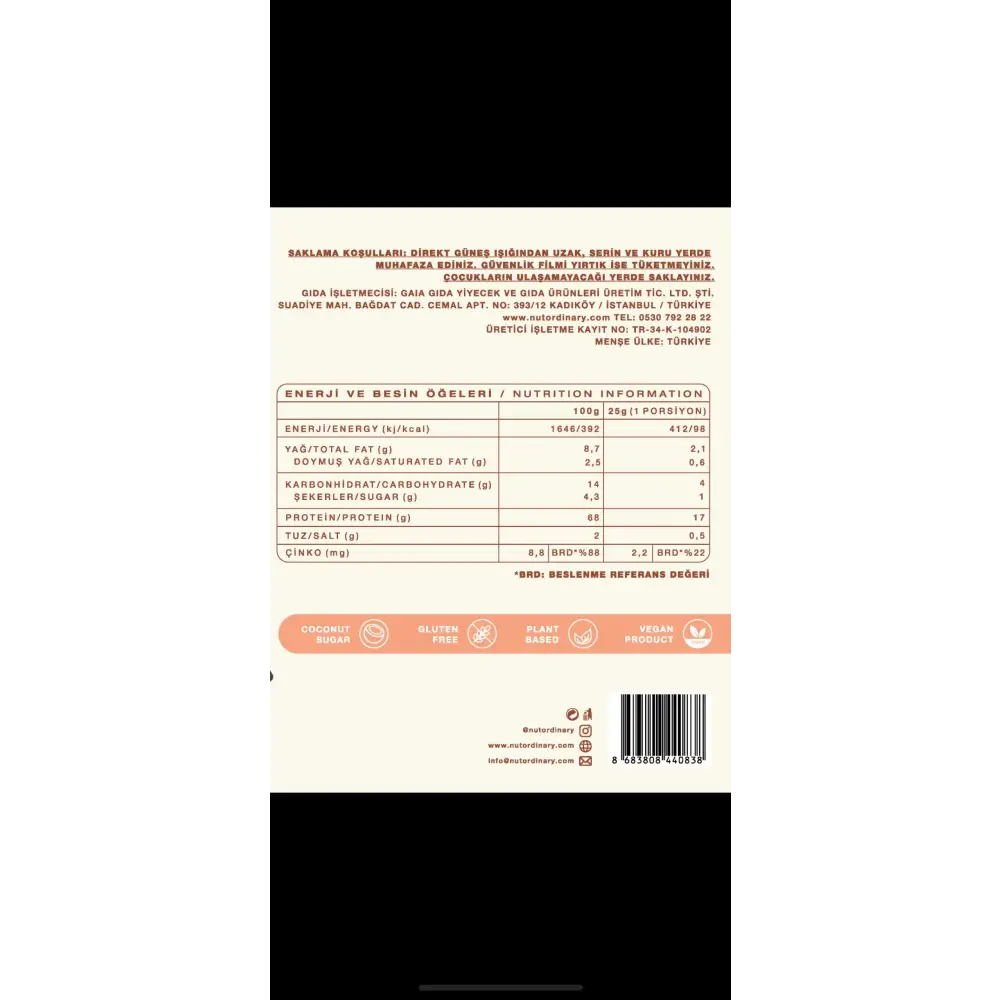 The back label of a nutridairy brand plant-based vegan product, featuring nutritional information and certification icons in turkish.