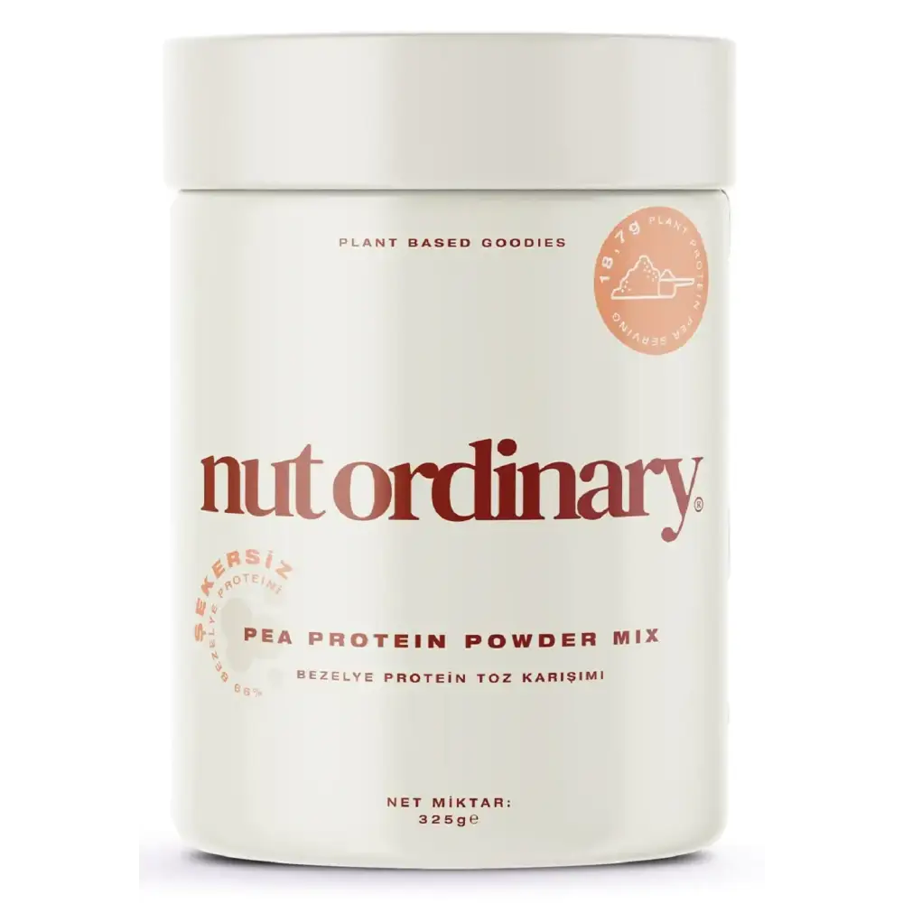 Cream-colored cylindrical container of nut ordinary pea protein powder mix.