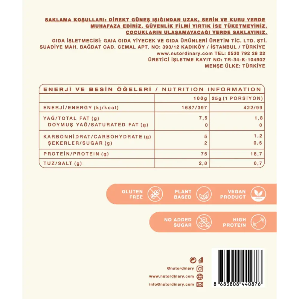 The back label of a plant-based, vegan protein powder product from the brand nutordinary.