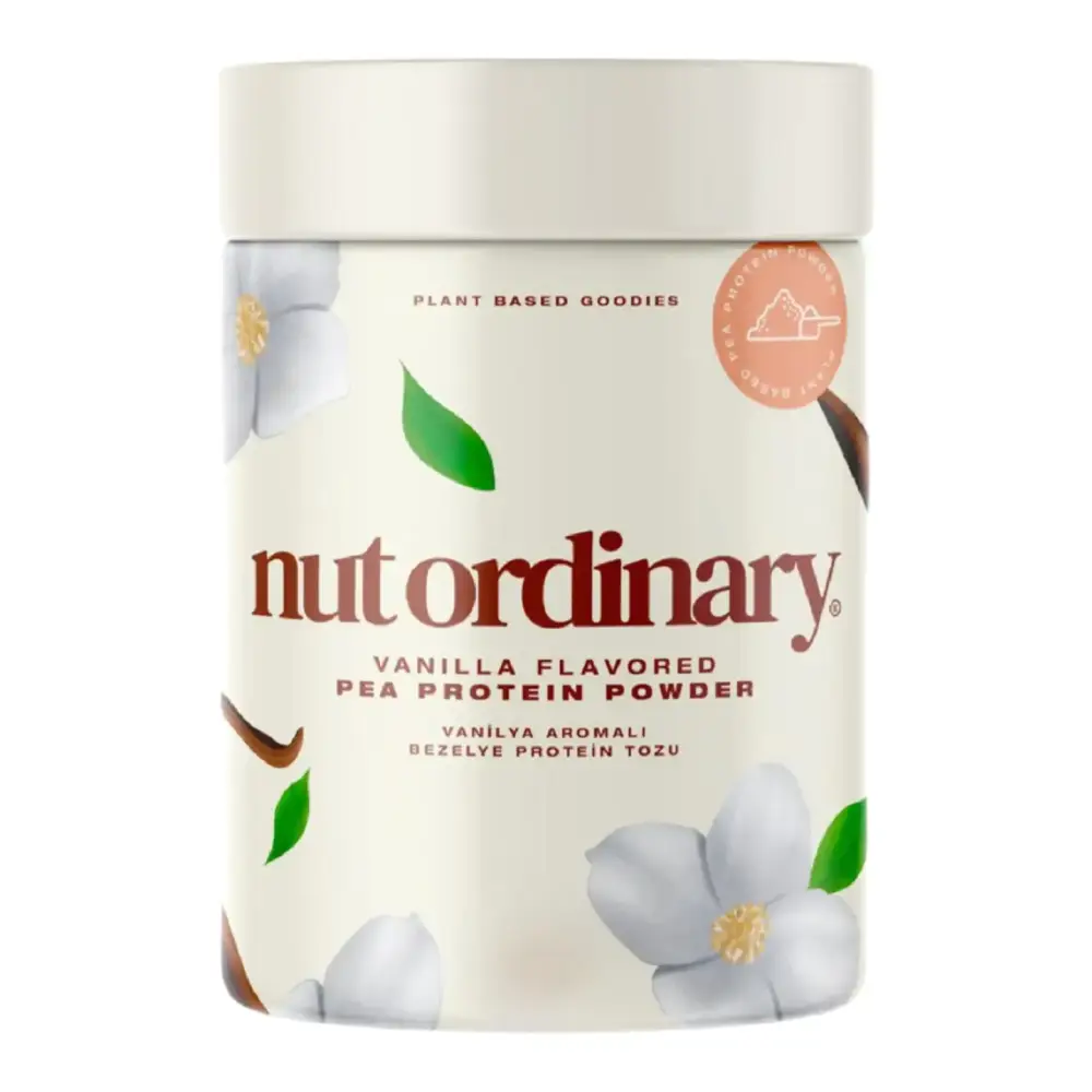 Cream-colored cylindrical container of nut ordinary vanilla flavored pea protein powder with a white lid and floral design.