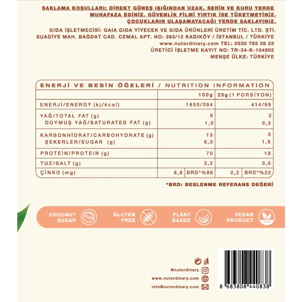 The back label of a coconut sugar product from the brand nutordinary, featuring nutrition information and certifications like gluten-free and vegan.