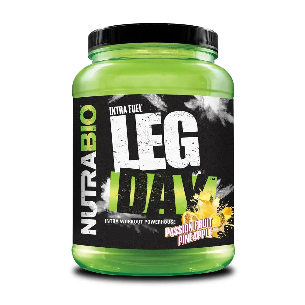 Green plastic container of nutrabio intra fuel leg day, a passion fruit pineapple flavored intra workout powerhouse supplement.