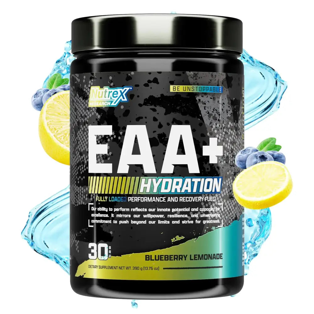 Black cylindrical container of nutrex research eaa+ hydration in blueberry lemonade flavor.