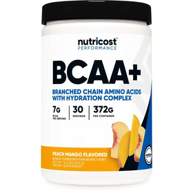 White plastic container with black lid and blue, orange, and white label featuring ’nutricost performance bcaa+’ branding for peach mango flavored branched chain amino acids.