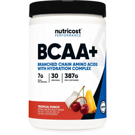 White plastic container with black lid and colorful label featuring ’bcaa+’ branding for a tropical punch flavored dietary supplement.
