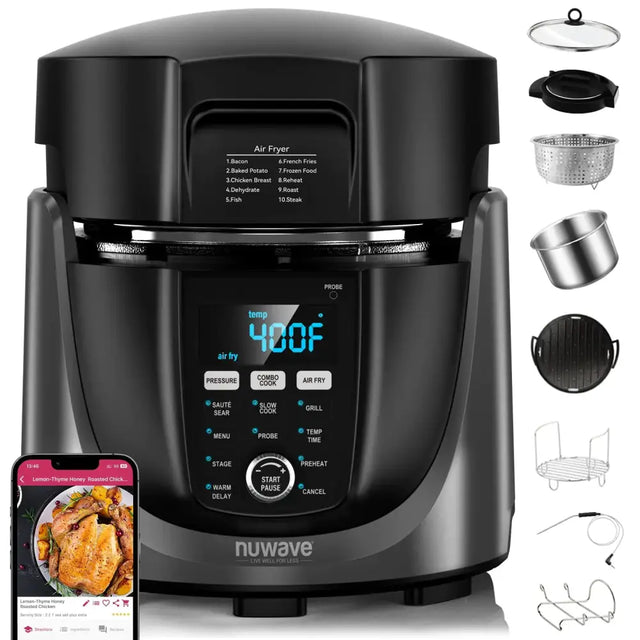 Black nuwave air fryer with digital display and multiple cooking function buttons.