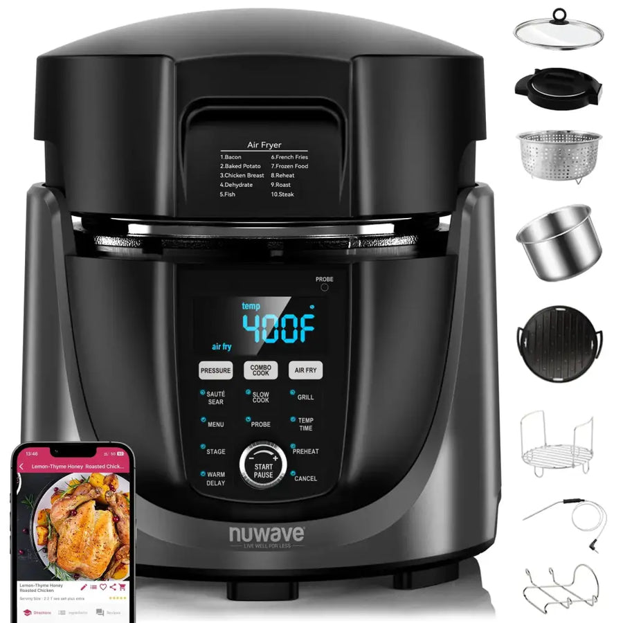 Black nuwave air fryer with digital display and multiple cooking function buttons.