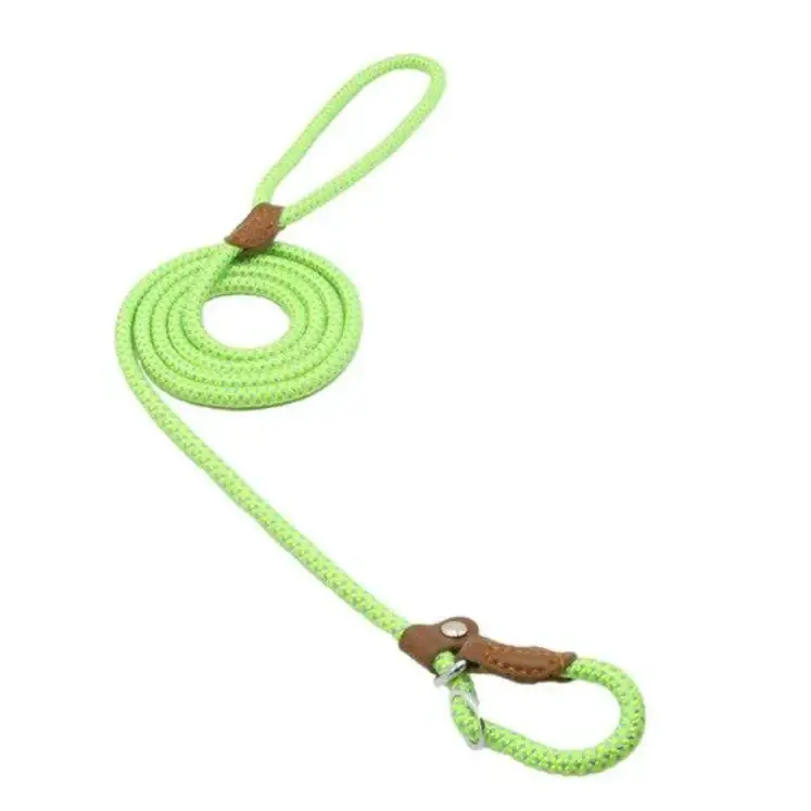 Bright lime green braided rope leash with brown leather accents and a metal clasp.