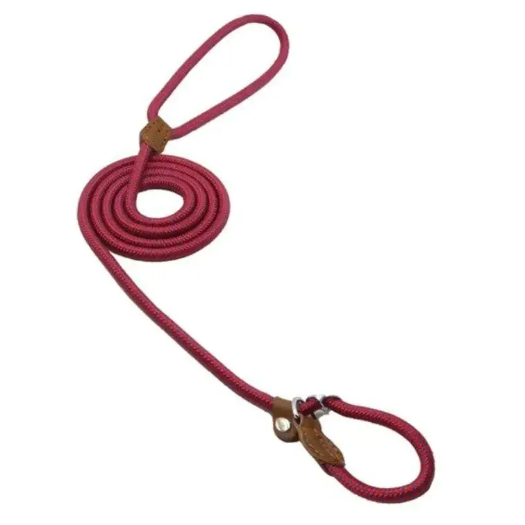 A burgundy braided rope leash with brown leather loops and a metal clasp.