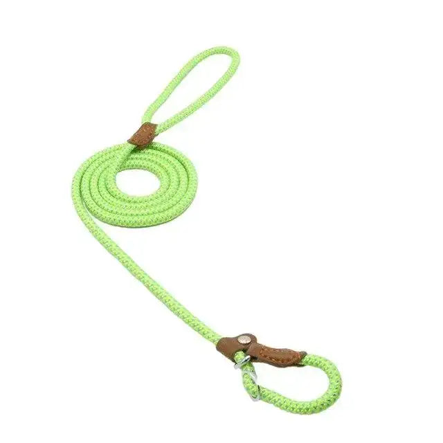 Bright lime green braided rope leash with brown leather loops and a metal clasp.